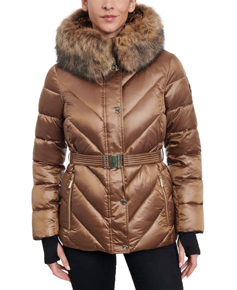 belted faux-fur-trim puffer coat michael kors|Michael Kors packable down fill.